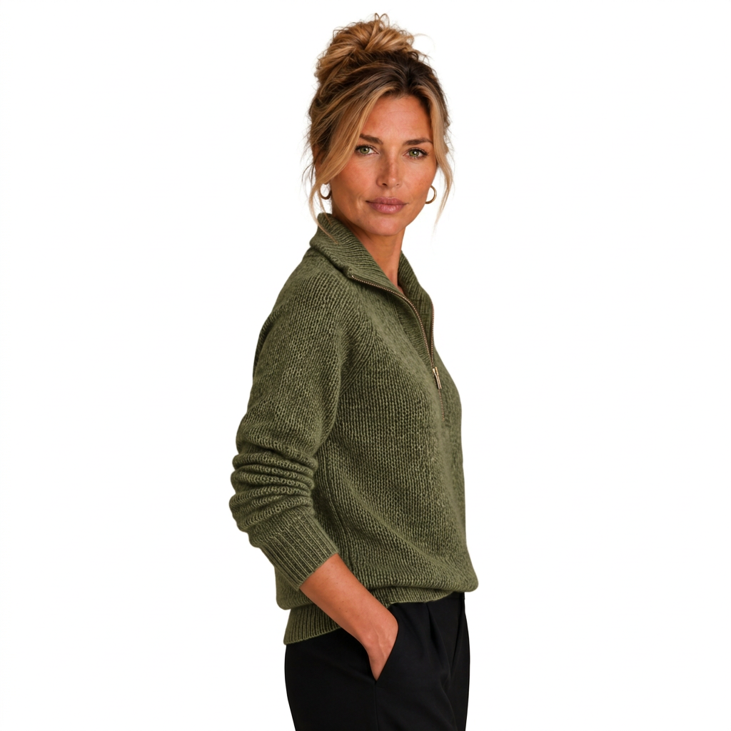 Women's Cashmere-Look Half-Zip Knitted Pullover Sweater with Long Sleeves