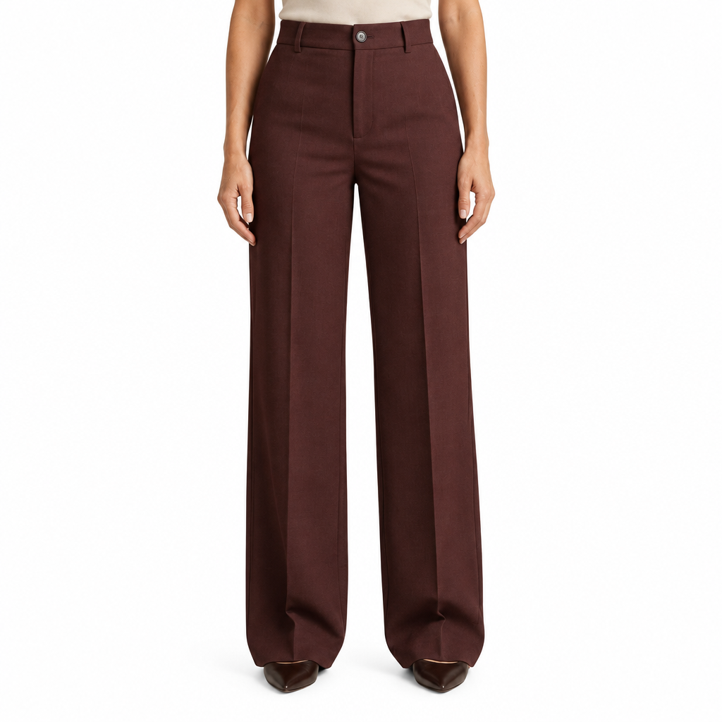 Brown trousers on model, waist-to-shoes view