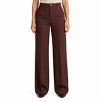 Brown trousers on model, waist-to-shoes view