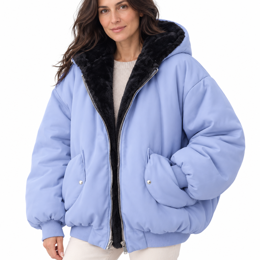 Woman modelling a black hooded puffer jacket