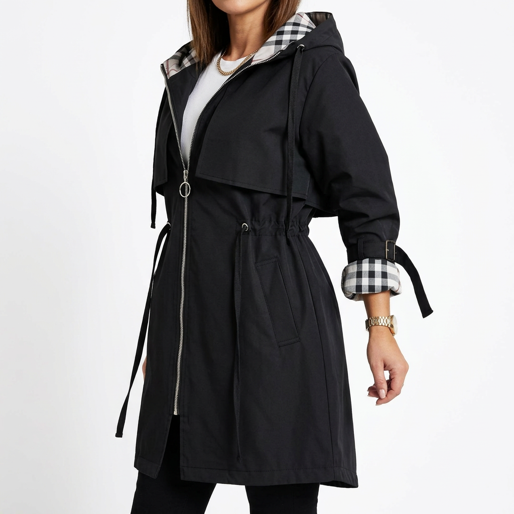 Black hooded zip coat side view
