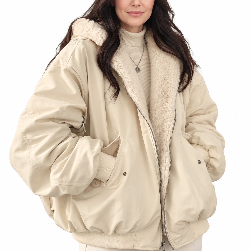 Woman modelling a beige hooded puffer jacket