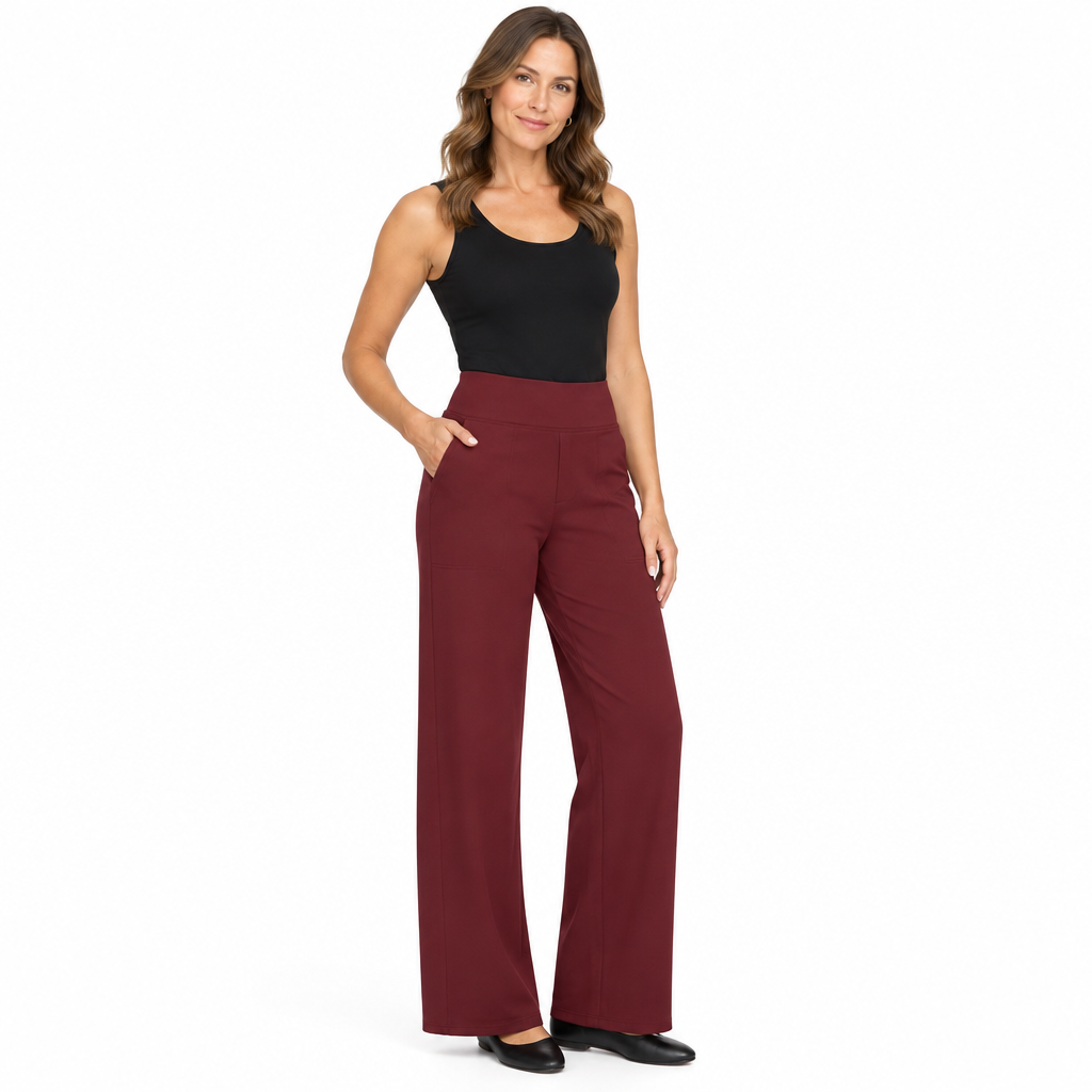 Woman modelling wine red pull-on trousers