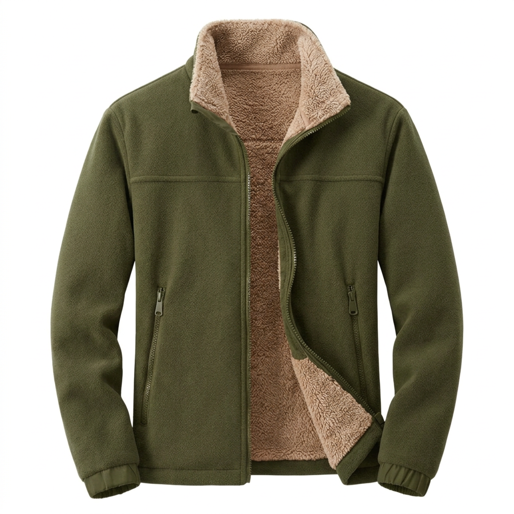 Khaki green sherpa-lined fleece jacket on white background