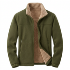 Khaki green sherpa-lined fleece jacket on white background