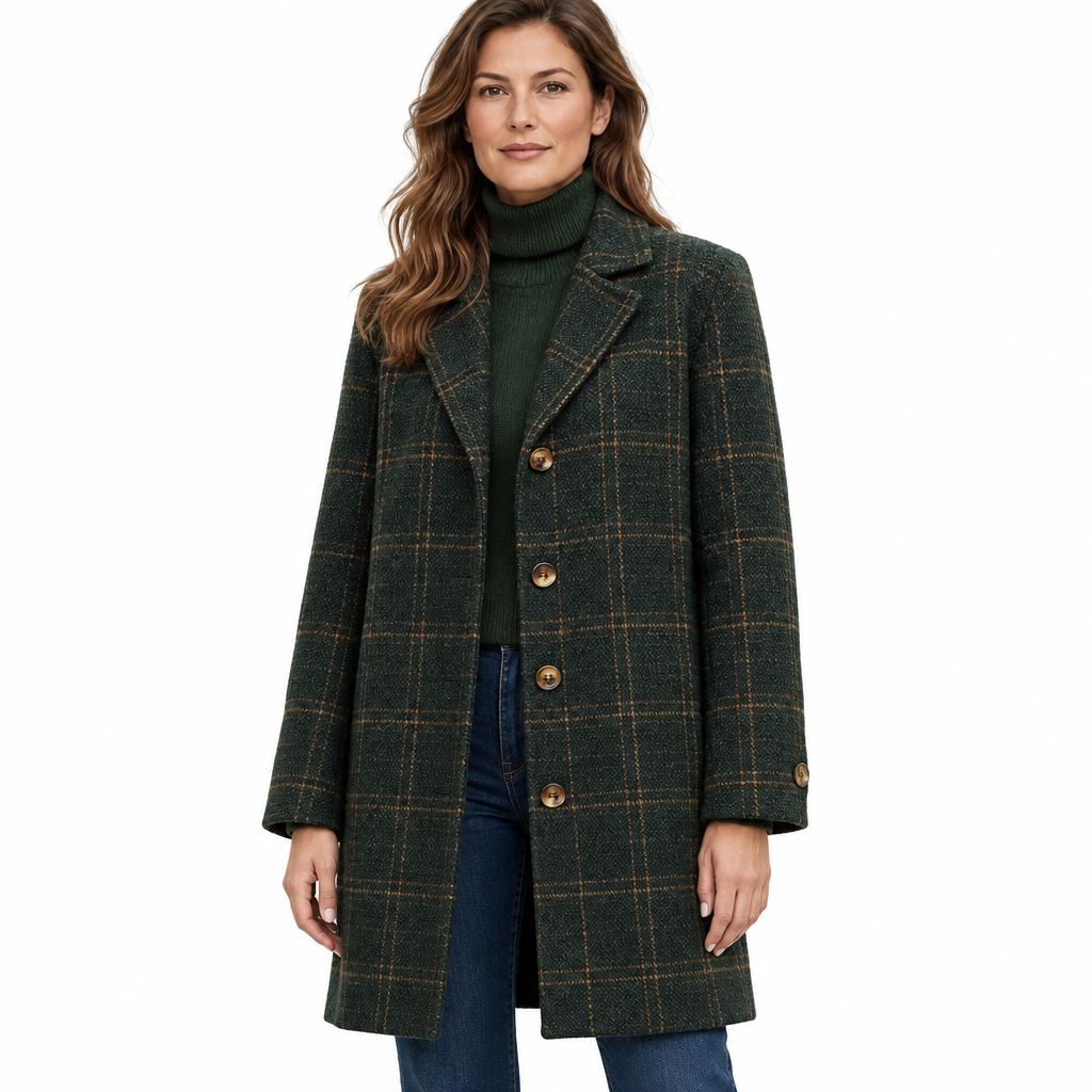 Women's Long Checked Coat - Fitted Button-Up Winter Outerwear