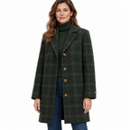 Women's Long Checked Coat - Fitted Button-Up Winter Outerwear