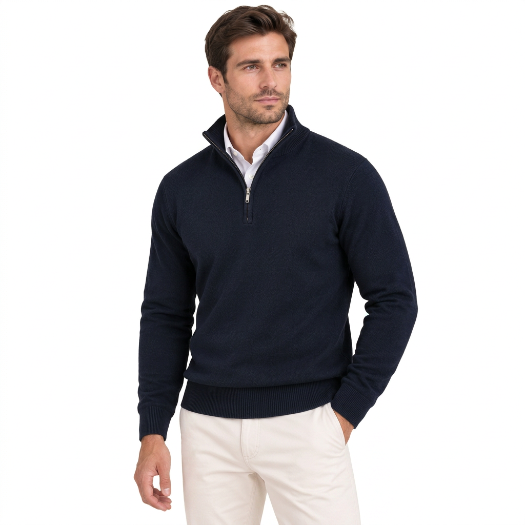 Men's Soft Cotton Blend Half Zip Pullover with Ribbed Trims
