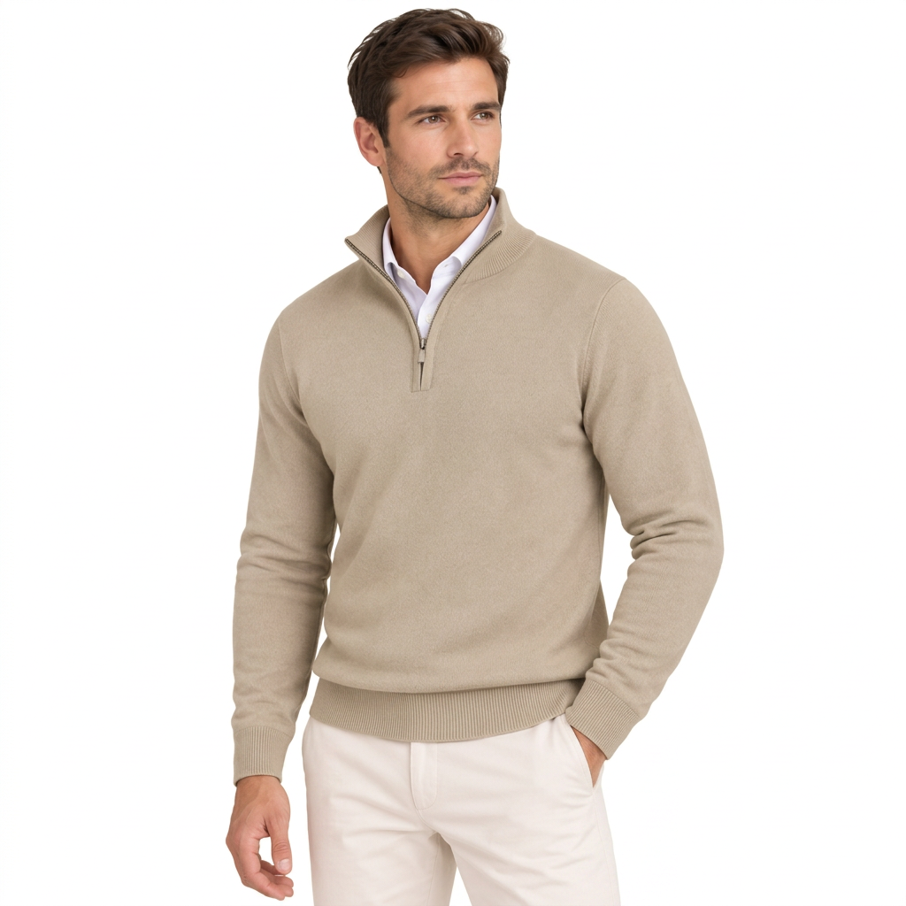 Men's Soft Cotton Blend Half Zip Pullover with Ribbed Trims