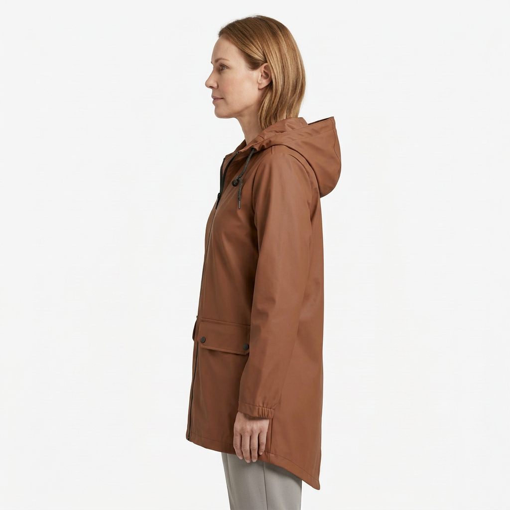 Coffee rain jacket side view