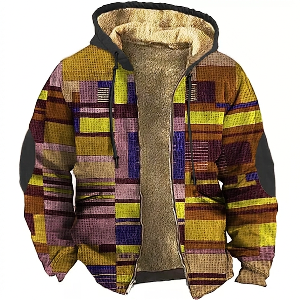 Yellow patchwork hooded jacket on white background