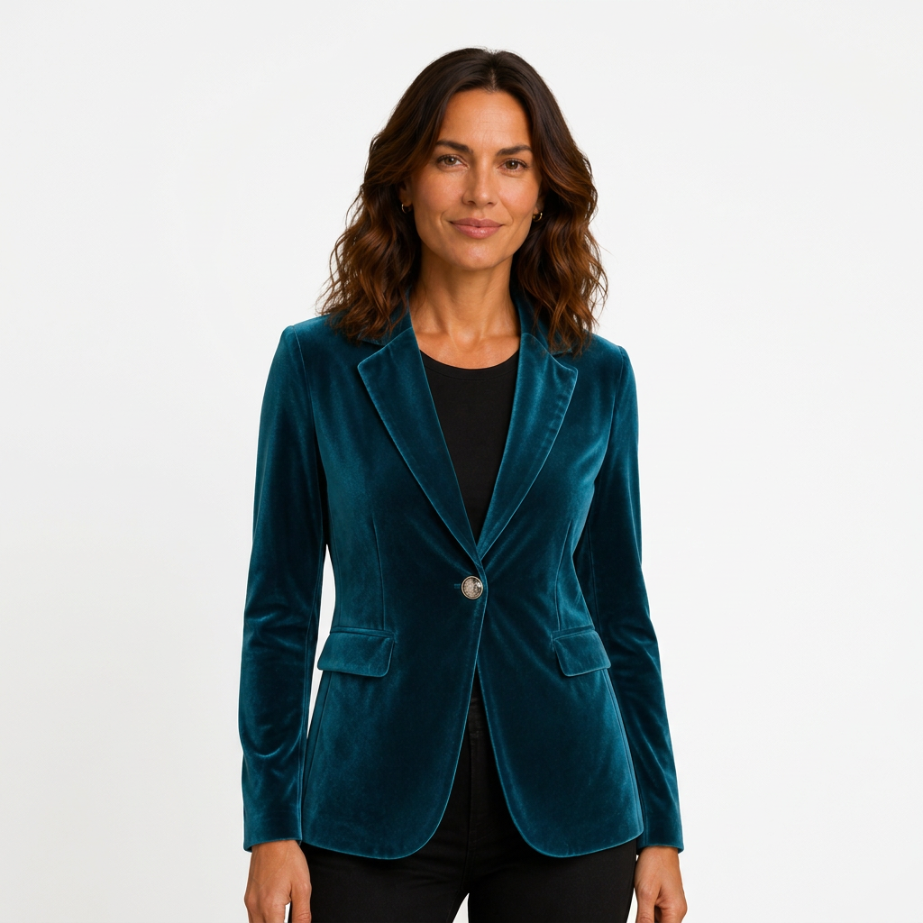 Peacock blue velvet blazer on white background