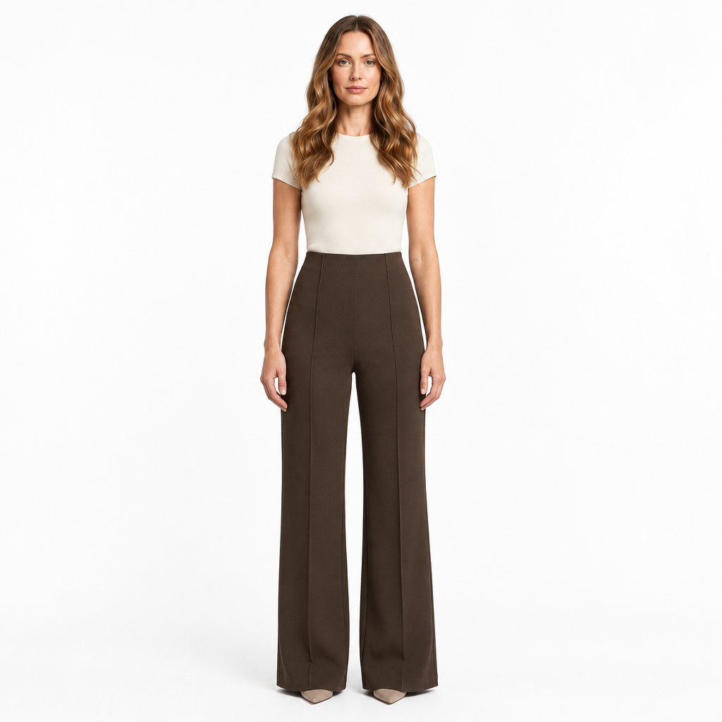 Woman modelling brown wide-leg trousers on a white background