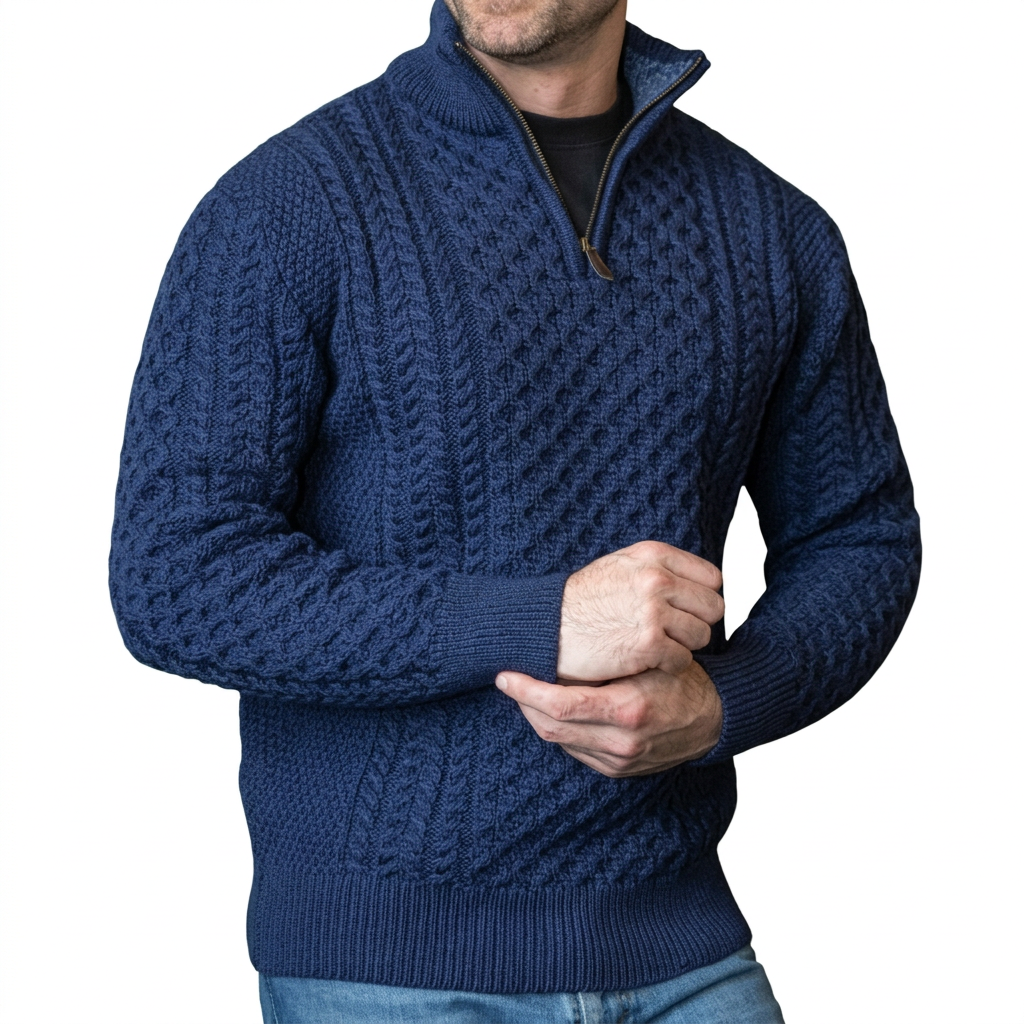 Men’s Half-Zip Jumper in Merino Wool with Aran Pattern for Warmth