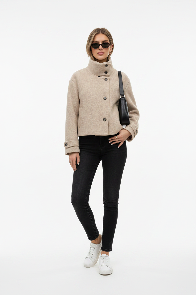 Stand Collar Cross-Button Coat - modell framifrån