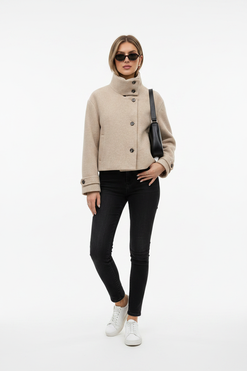 Stand Collar Cross-Button Coat - modell framifrån