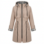 Beige hooded zip coat on white background