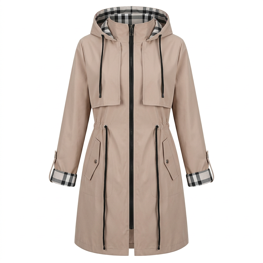 Beige hooded zip coat on white background