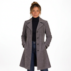Grey suede longline coat, front view on white background