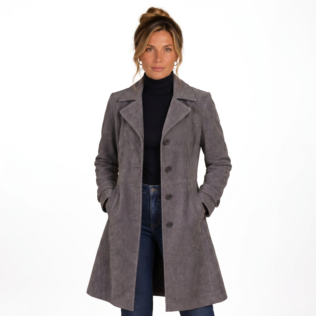 Grey suede longline coat, front view on white background