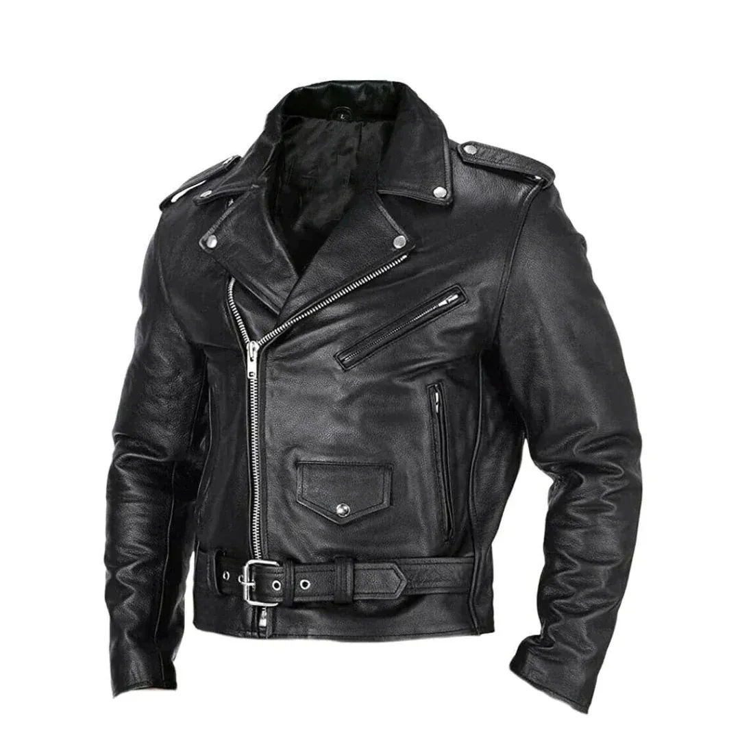 Men's Epaulette Leather Motorcycle Jacket with Asymmetric Zip and Adjustable Belt