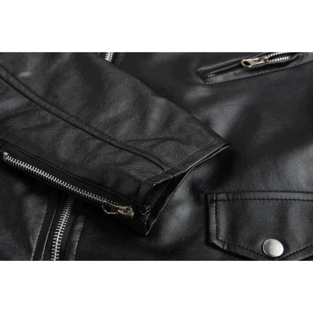 Men's Epaulette Leather Motorcycle Jacket with Asymmetric Zip and Adjustable Belt