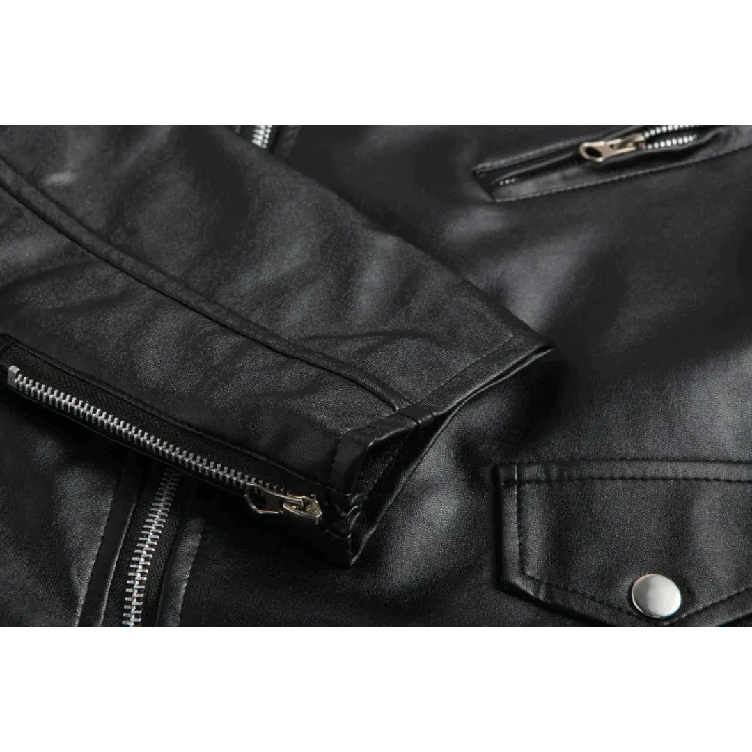 Men's Epaulette Leather Motorcycle Jacket with Asymmetric Zip and Adjustable Belt