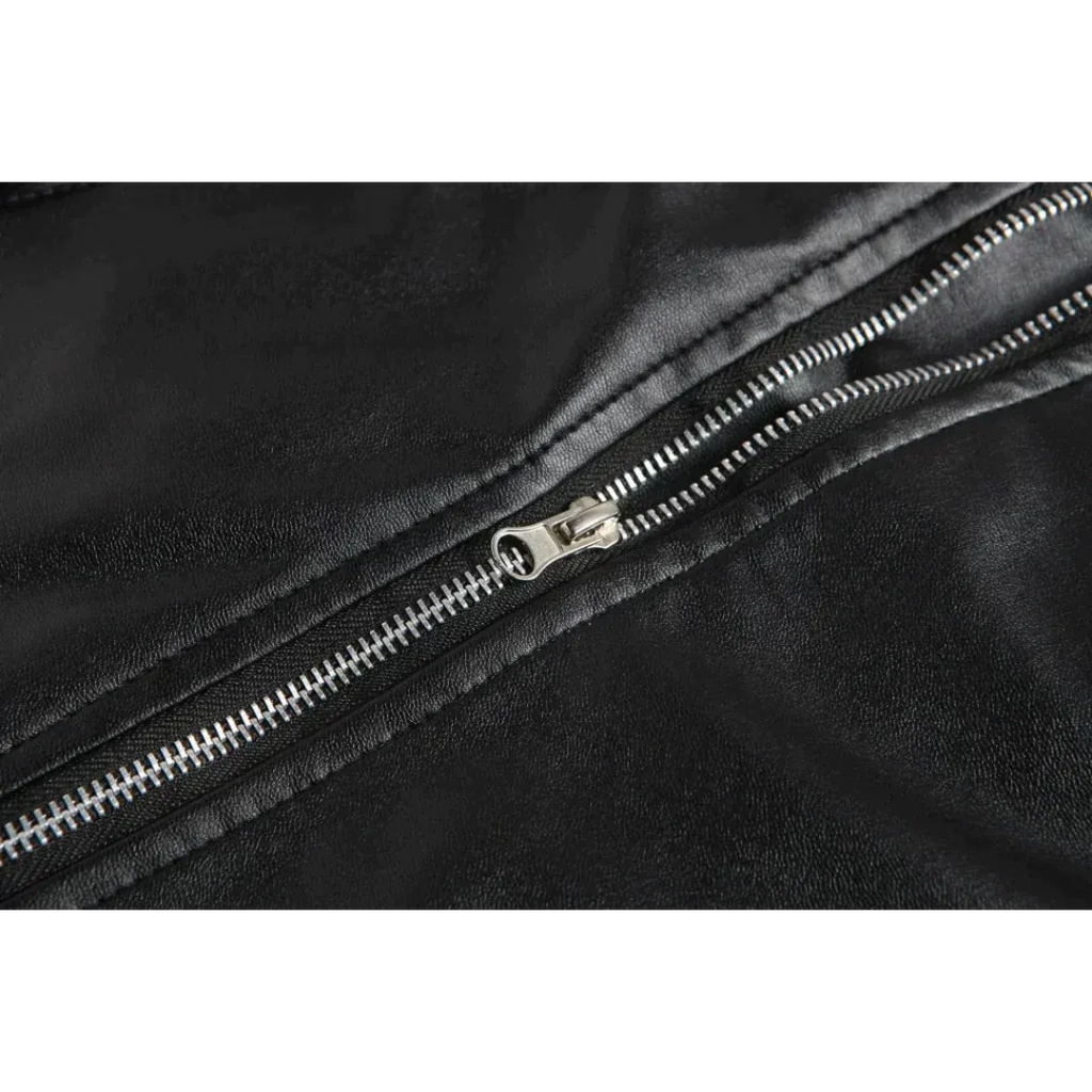 Men's Epaulette Leather Motorcycle Jacket with Asymmetric Zip and Adjustable Belt