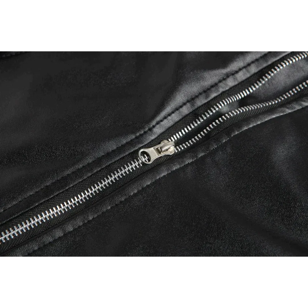 Men's Epaulette Leather Motorcycle Jacket with Asymmetric Zip and Adjustable Belt
