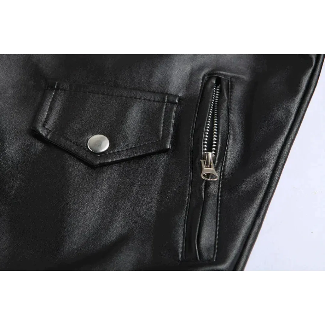 Men's Epaulette Leather Motorcycle Jacket with Asymmetric Zip and Adjustable Belt