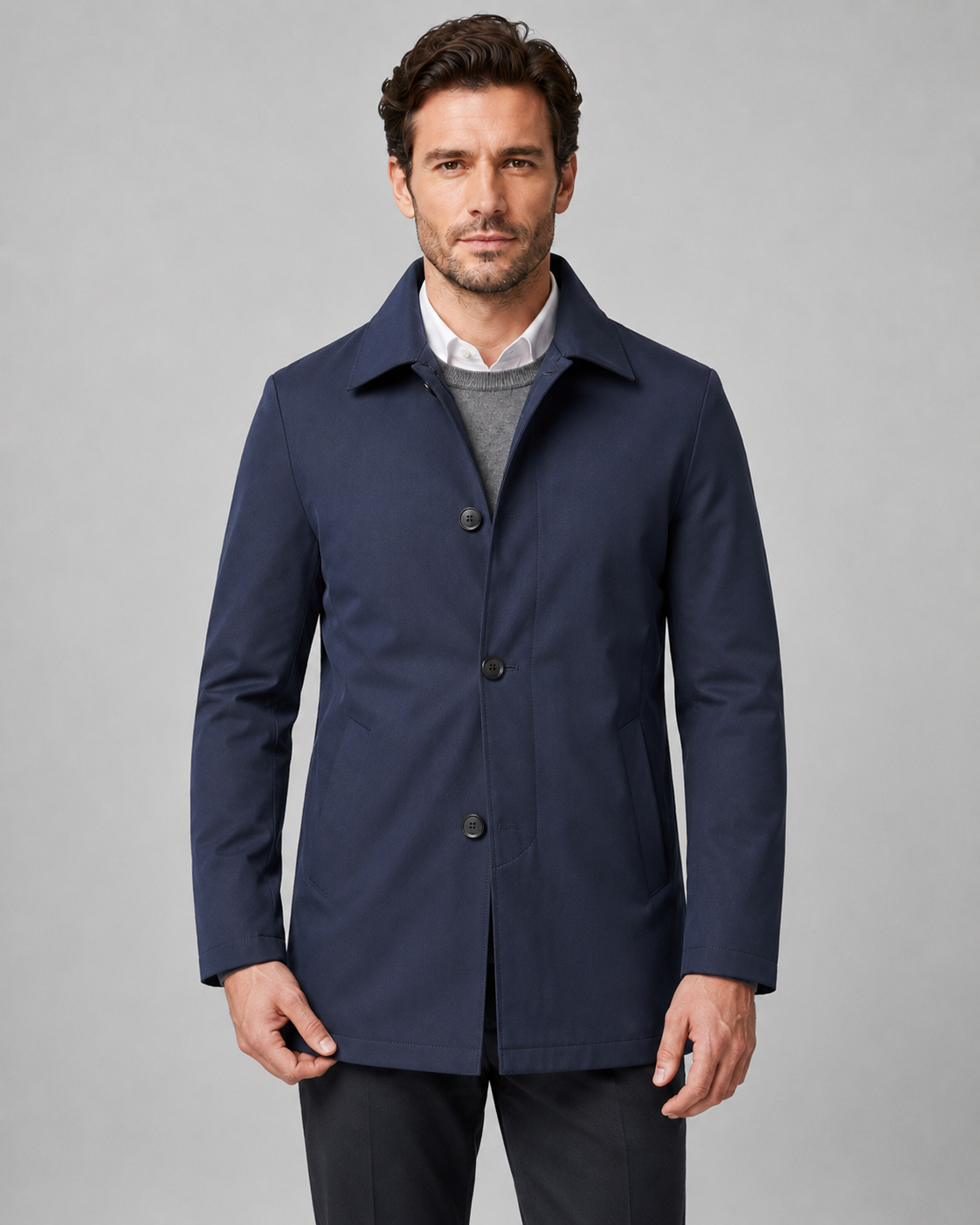 Men's Button-Up Mac Coat - Clean Button-Through Front
