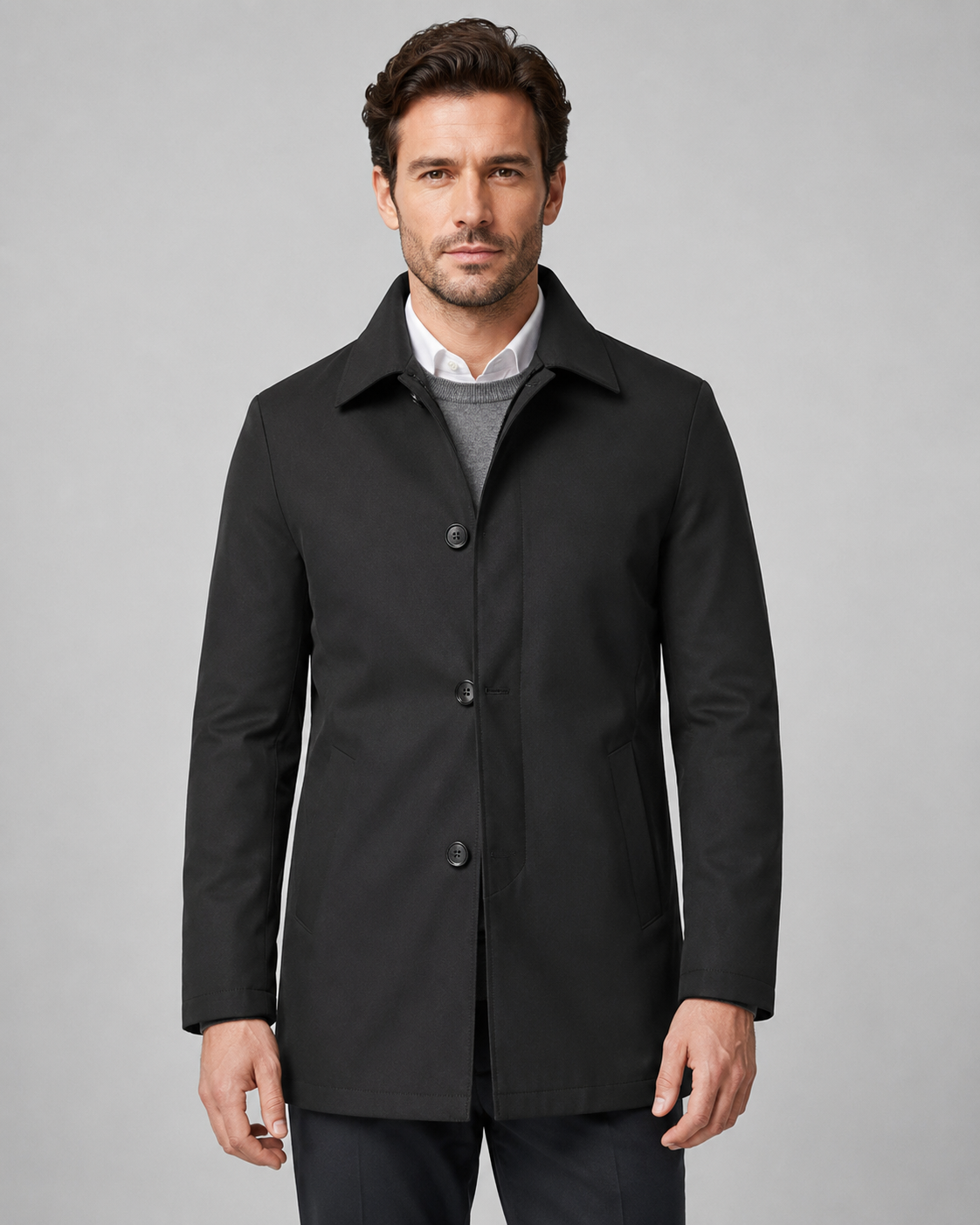 Men's Button-Up Mac Coat - Clean Button-Through Front