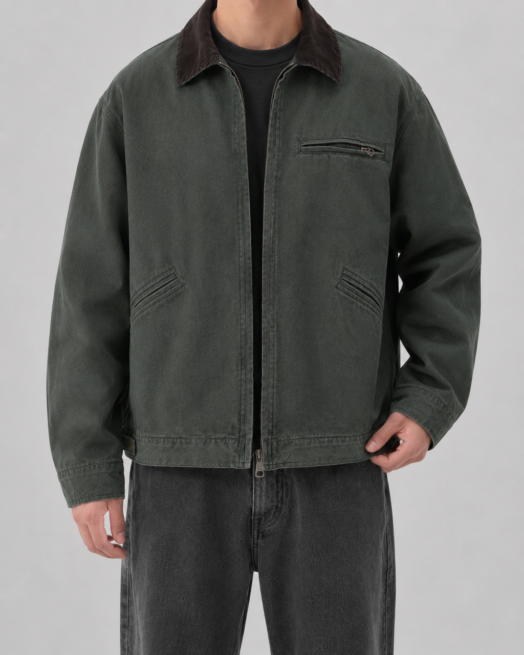 Men's Canvas Barn Jacket with Corduroy Collar and Patch Pockets