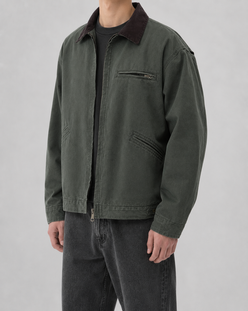Men's Canvas Barn Jacket with Corduroy Collar and Patch Pockets