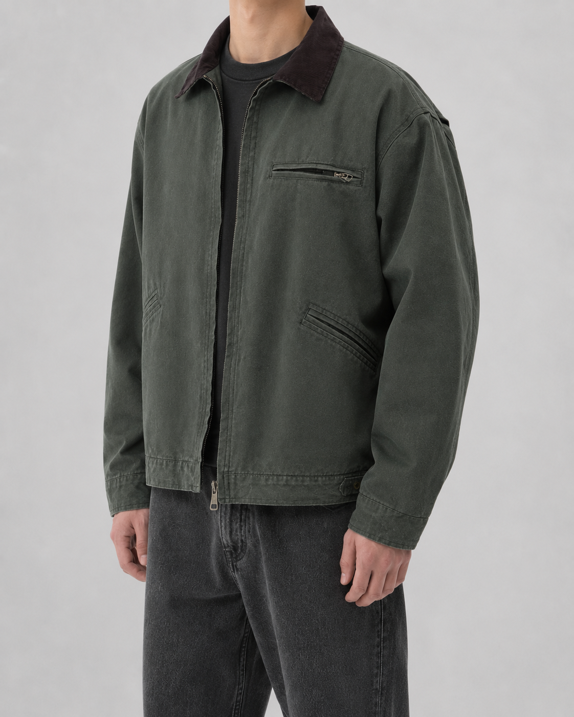 Men's Canvas Barn Jacket with Corduroy Collar and Patch Pockets