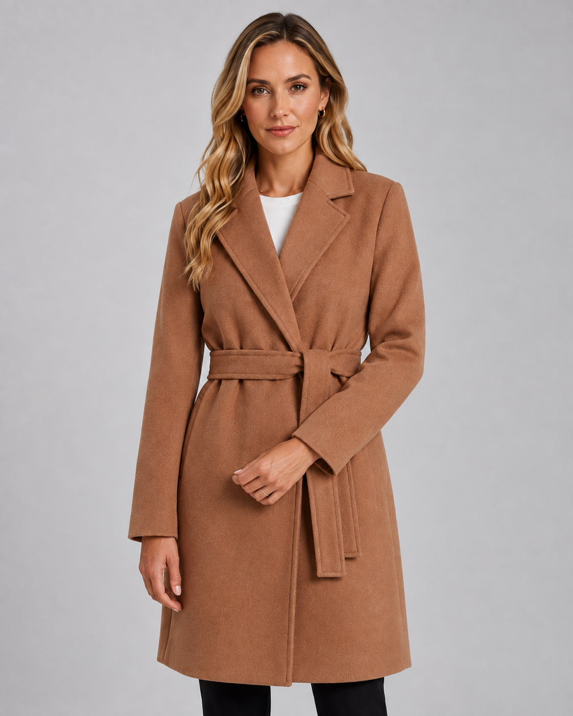 Women's Belted Long Wrap Coat, Soft Polyester, Maxi Length, Relaxed Fit