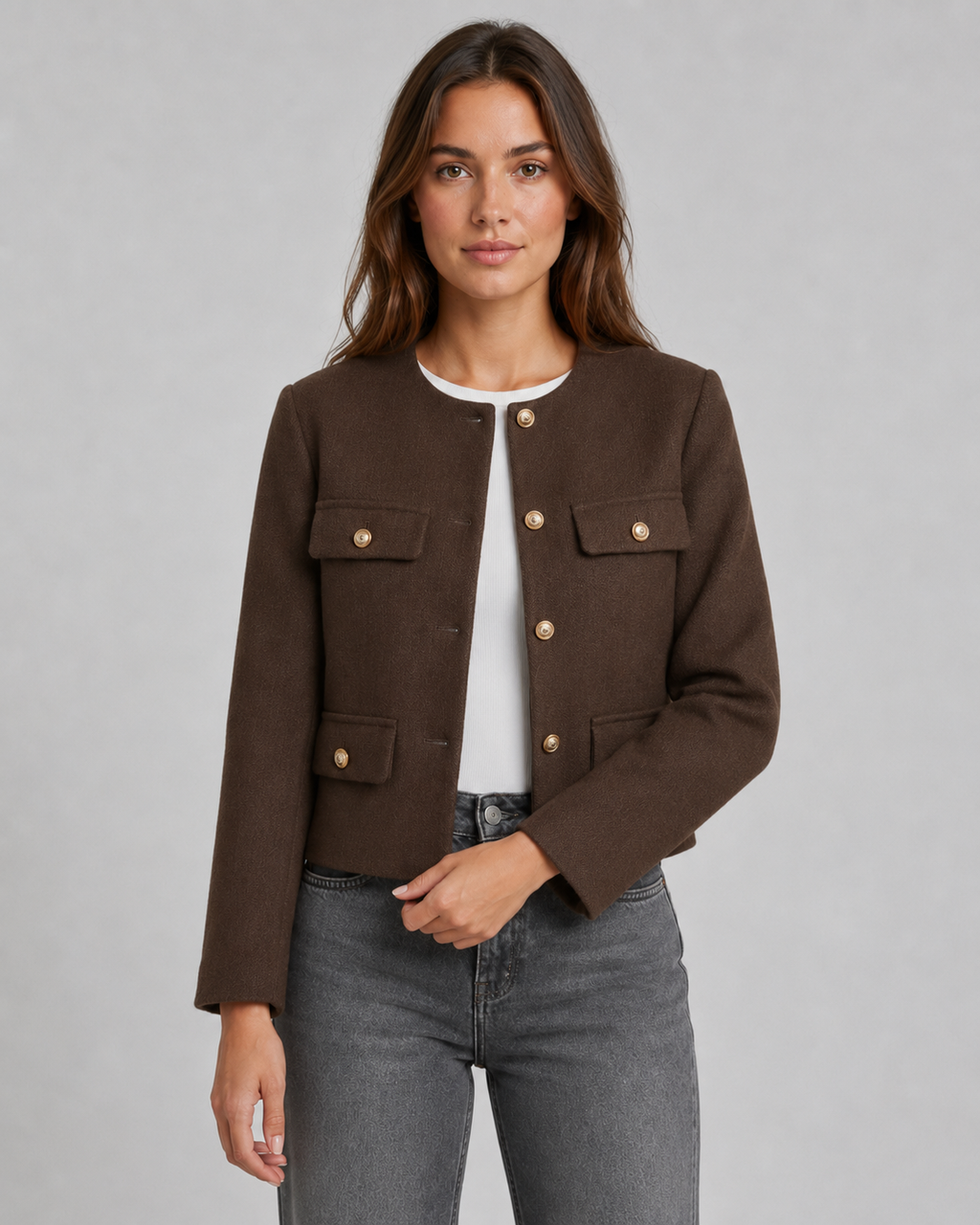 Women's Collarless Gold Button Cropped Jacket - Tailored Autumn Style