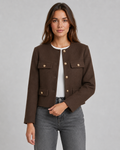Women's Collarless Gold Button Cropped Jacket - Tailored Autumn Style