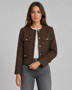 Women's Collarless Gold Button Cropped Jacket - Tailored Autumn Style