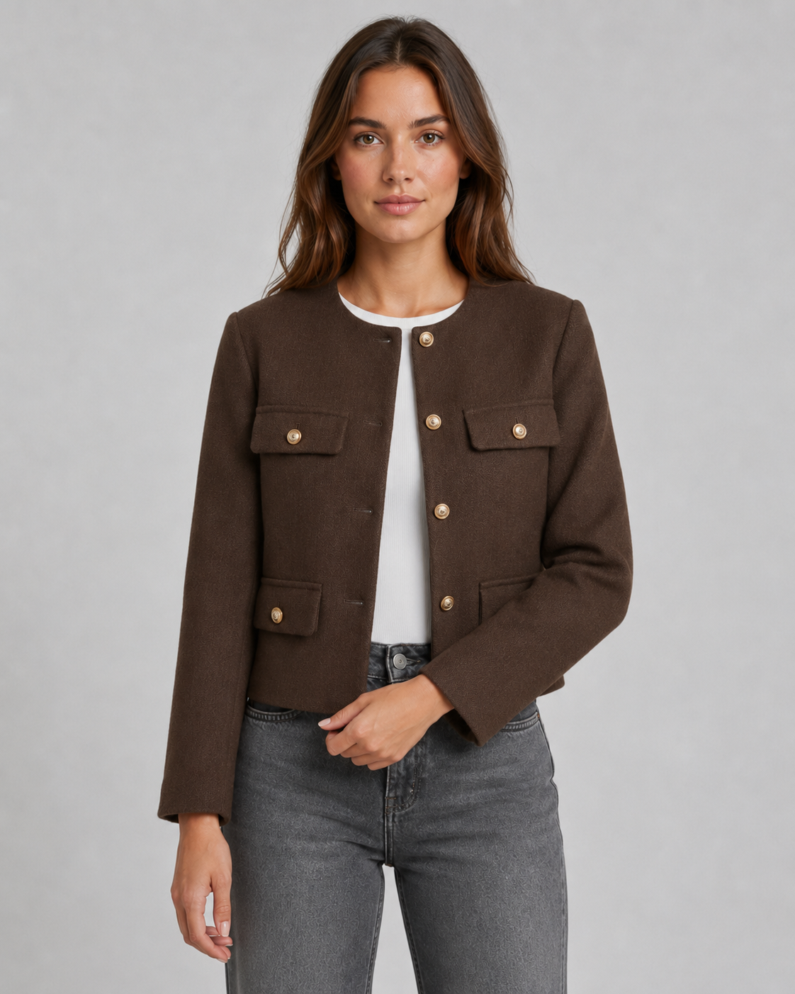 Women's Collarless Gold Button Cropped Jacket - Tailored Autumn Style