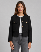 Women's Collarless Gold Button Cropped Jacket - Tailored Autumn Style