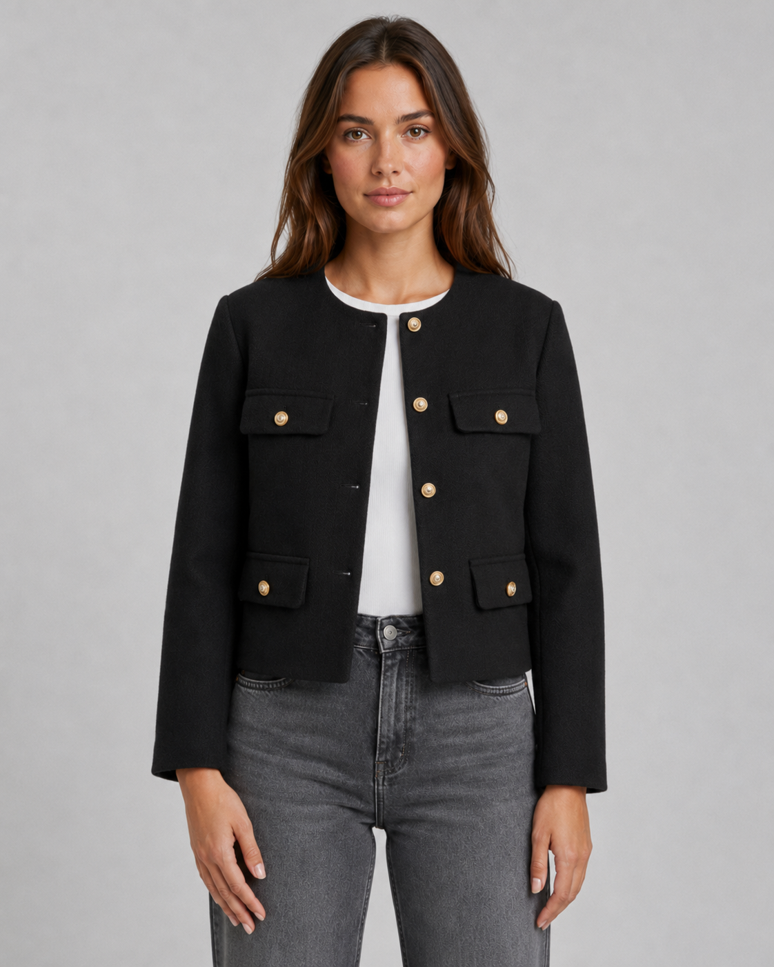 Women's Collarless Gold Button Cropped Jacket - Tailored Autumn Style