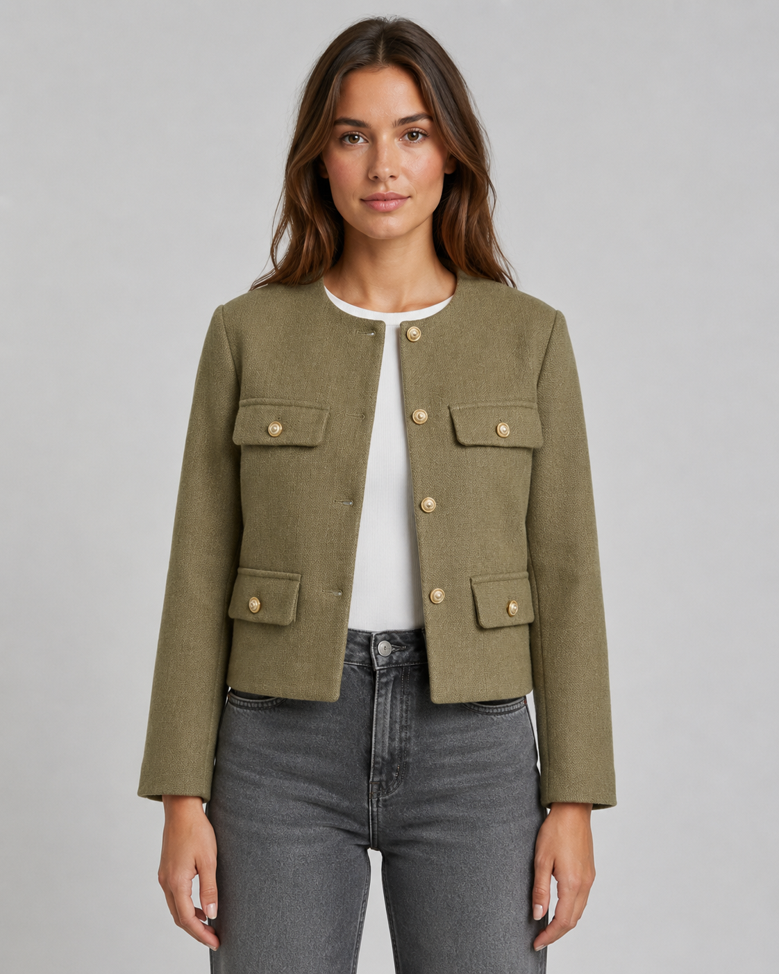 Women's Collarless Gold Button Cropped Jacket - Tailored Autumn Style