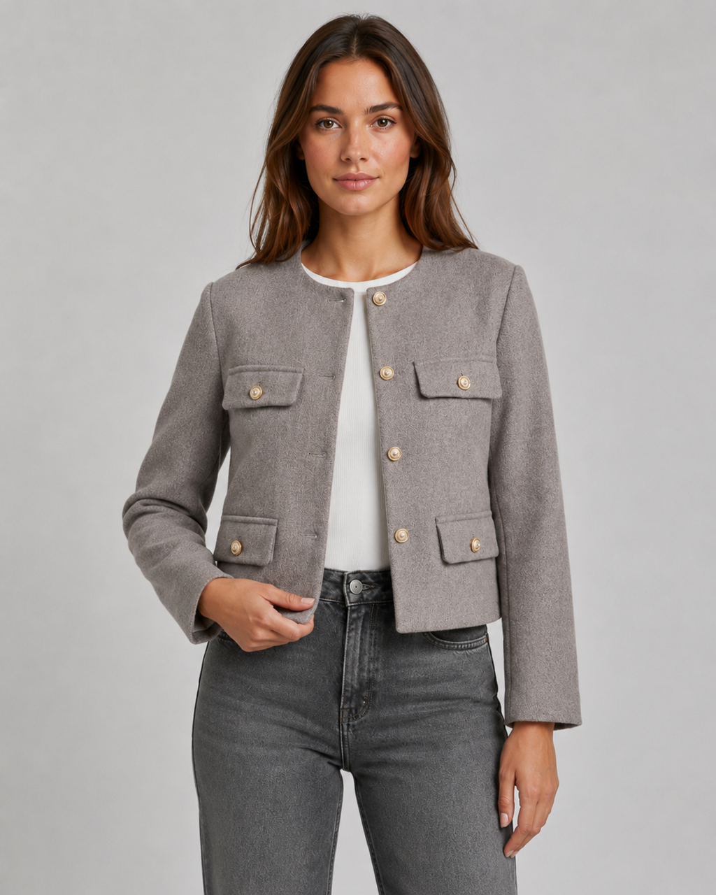 Women's Collarless Gold Button Cropped Jacket - Tailored Autumn Style