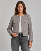 Women's Collarless Gold Button Cropped Jacket - Tailored Autumn Style