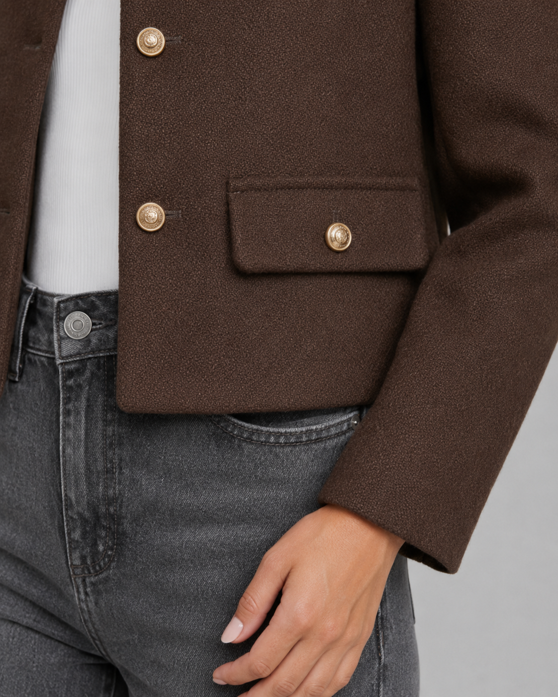 Women's Collarless Gold Button Cropped Jacket - Tailored Autumn Style
