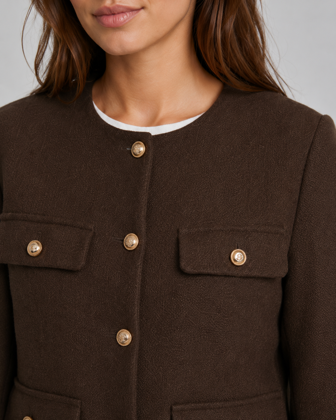 Women's Collarless Gold Button Cropped Jacket - Tailored Autumn Style
