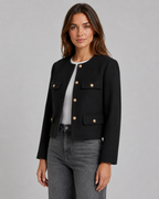 Women's Collarless Gold Button Cropped Jacket - Tailored Autumn Style