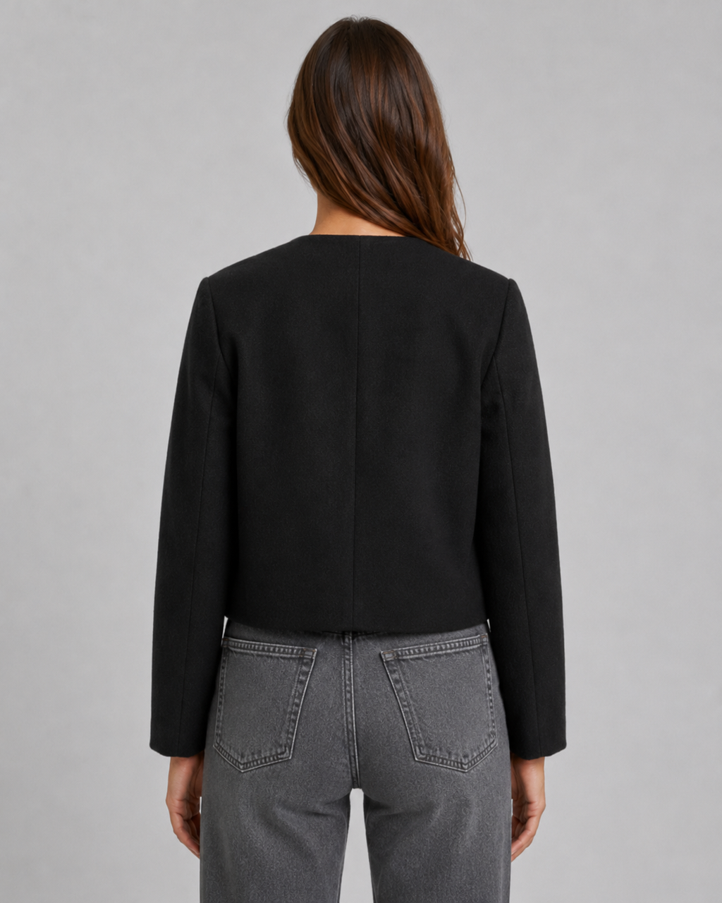 Women's Collarless Gold Button Cropped Jacket - Tailored Autumn Style