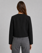 Women's Collarless Gold Button Cropped Jacket - Tailored Autumn Style